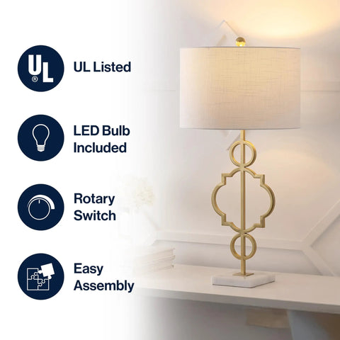 Gold Modern Quatrefoil LED Table Lamp With Marble Base And Linen Drum Shade For Living Room Or Bedroom Vibe Cozy