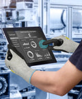 Ultimate Cut Resistant Work Gloves For High Risk Jobs ANSI A7 Protection With Reinforced Thumb being used on a tablet.