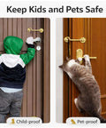 Child and cat pushing against a locked door with two locks for safety demonstration