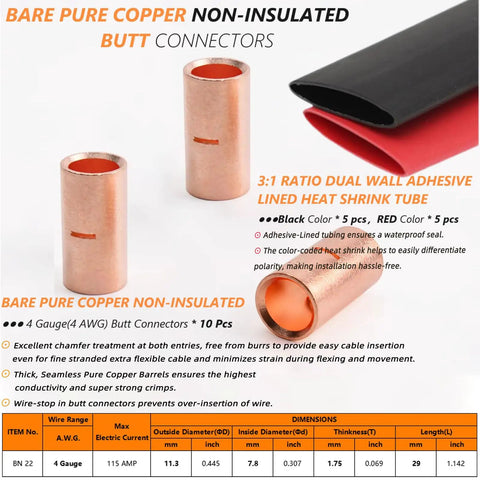 10 Packs 4 Gauge Butt Connectors Kit With Pure Copper Barrels, Uninsulated Crimp Splices with dual wall heat shrink tubing