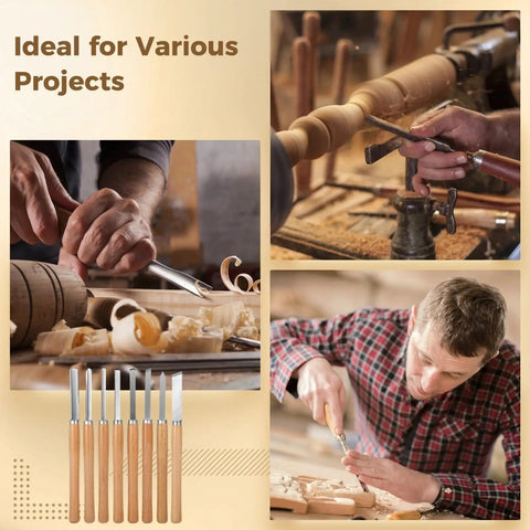 Eight Piece Wood Lathe Tool Set With Steel Blades For Turning And Shaping Includes Skew Gouges Round Nose Parting And Spear Point Tools