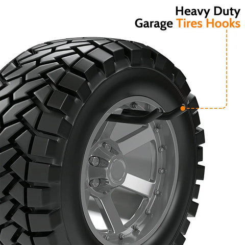 4 Pack Heavy Duty Garage Hooks 12.4 Inch Long, Alloy Steel Wall Mount Storage Hooks, 120 Lb Capacity, shown holding tire