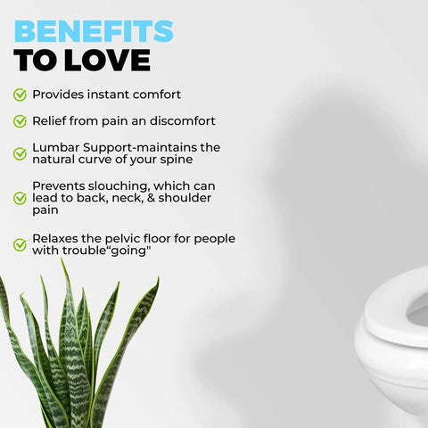 Benefits of Heavy Duty Toilet Lid Back Support Cushion For Seniors And Postpartum Moms Water Resistant Non Slip Lumbar Pillow displayed.
