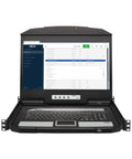 Slick Short Depth One U Rackmount Kvm Console With An 18 Point Five Inch Hd Lcd Screen And Hdmi Plus Usb Ports displaying dashboard.