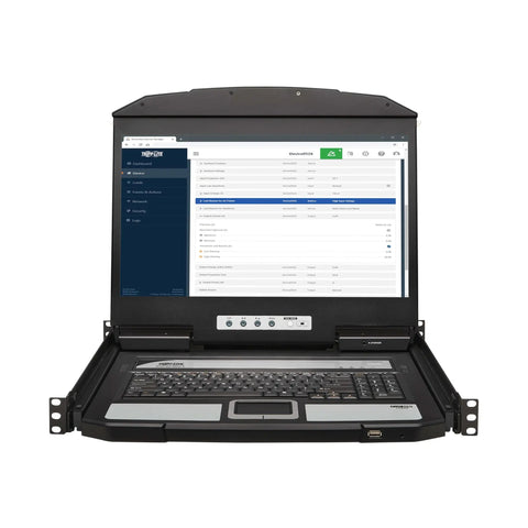 Slick Short Depth One U Rackmount Kvm Console With An 18 Point Five Inch Hd Lcd Screen And Hdmi Plus Usb Ports displaying dashboard.