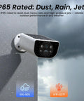 100 Percent Wireless Solar Powered Outdoor Security Cameras With 2K Color Night Vision 2 Way Talk And Spotlight For Continuous Power No Outlet Hassle Easy 2 4 GHz Wifi Setup S1 Four Pack installed on wall showing weather resistance in rain