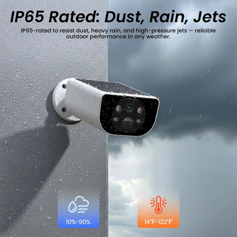 100 Percent Wireless Solar Powered Outdoor Security Cameras With 2K Color Night Vision 2 Way Talk And Spotlight For Continuous Power No Outlet Hassle Easy 2 4 GHz Wifi Setup S1 Four Pack installed on wall showing weather resistance in rain