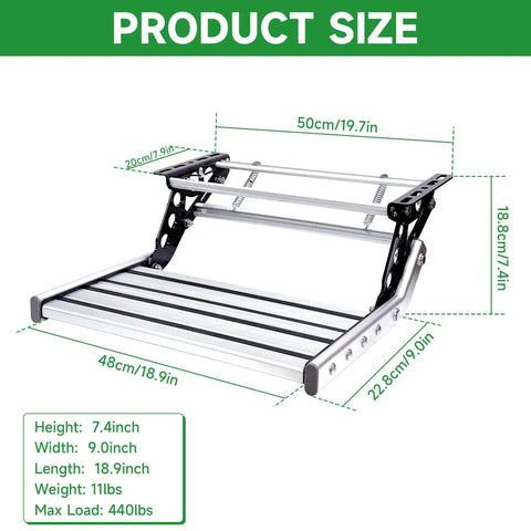RV Camper Steps Drop Down Folding Stairs One Hand Open Close Aluminum Construction With Non Slip Feet Luminous Glow Tape For Visibility Holds Up To 450 Pounds. Product size shown, 18.9in x 9.0in x 7.4in, aluminum folding step