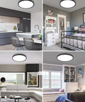 Dope Low Profile Flush Mount LED Ceiling Light Fixture Black 12 Inch 28W Dimmable With 3 Color Temperatures 3000K 4500K 6000K, shown in kitchen, bedroom, living room, and study settings.