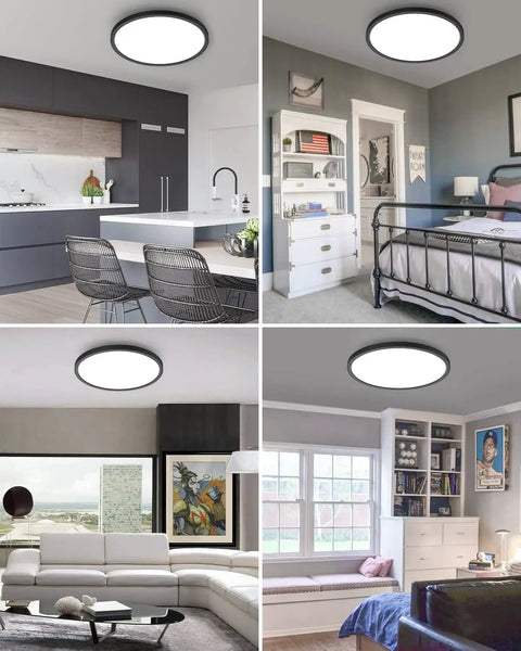 Dope Low Profile Flush Mount LED Ceiling Light Fixture Black 12 Inch 28W Dimmable With 3 Color Temperatures 3000K 4500K 6000K, shown in kitchen, bedroom, living room, and study settings.
