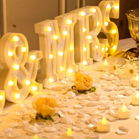 Mr And Mrs LED Light Up Sign 8.4 Inch With 12 Flameless Candles and 300 Artificial Rose Petals on wedding table