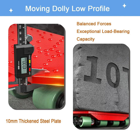 Heavy Duty Machine Dolly Low Profile Moving Cart With Thickened Steel Plate showcasing 10mm steel deck and multi-wheel design.