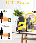 1500W Portable Garage Heater With Lightning Fast Heat In Three Seconds Overheat Protection Indoor Outdoor Space Heater For Garage Patio Or Greenhouse Yellow Finish Keeps You Cozy All Season showcasing 90-degree tilt rotation feature in living room setting.