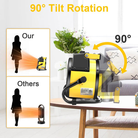 1500W Portable Garage Heater With Lightning Fast Heat In Three Seconds Overheat Protection Indoor Outdoor Space Heater For Garage Patio Or Greenhouse Yellow Finish Keeps You Cozy All Season showcasing 90-degree tilt rotation feature in living room setting.