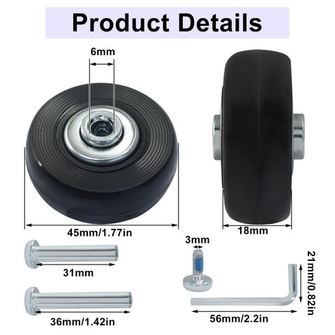 45x18mm Luggage Replacement Wheels 4 Pack Rubber Swivel Casters With Ball Bearings includes axles, screws, and washers