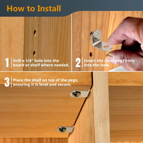 Heavy Duty Nickel Plated Shelf Brackets 50 Pack Quarter Inch L Shaped Supports installation steps on wooden shelf.