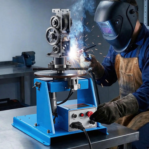 Rotary Welding Positioner With 10 Kg Load Capacity, 1-12 RPM, 20W Motor, in use with welder adjusting turntable, 8.1 Inch 3-Jaw Chuck