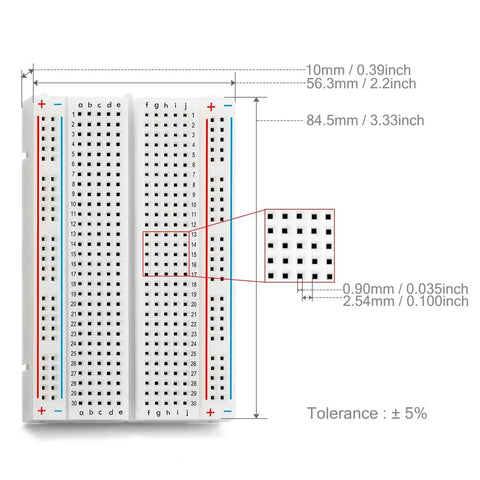 Three Pack 400 Tie Point Solderless Breadboards Kit With Dual Power Rails And Adhesive Back dimensions shown