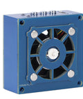 Close-up of Cordless Solder Fume Extractor with Cooling Fan and Built-In Lamp, blue portable design, frontal view