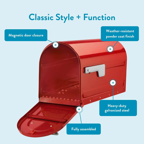 Boulder Post Mounted Mailbox 7900-7R-SR Red Built Tough All Weather Galvanized Steel Rust Resistant Open Door View
