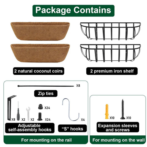 Rock Solid Metal Railing Planter Two Pack 24 Inch Rust Proof Window Box with natural coconut coirs and mounting hardware included.