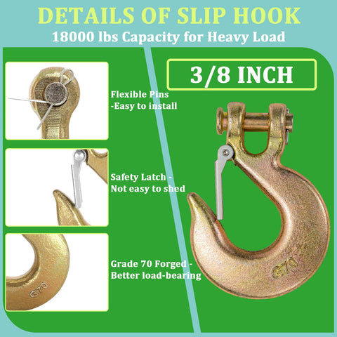 Beefed Up Heavy Duty Slip Hook 4 Pack Grade 70 Forged Steel Clevis Chain Hook With Safety Latch, 3/8 in, for Trailer Chains