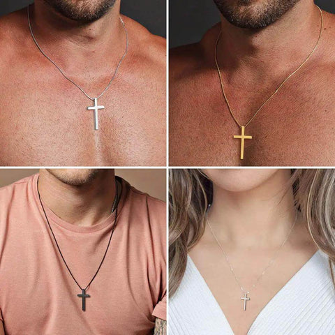Dope Silver Stainless Steel Cross Necklace For Men, 20 Inch Box Chain Pendant, Hypoallergenic And Lead Free, men's jewelry display
