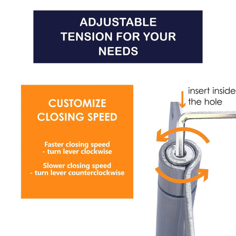 Adjustable tension feature on Self Closing Spring Loaded Door Hinges 4 Inch Adjustable Tension For Garage Front And Back Doors Brushed Nickel 3 Pack Reversible Left Right Hand UL Listed By A1 ProGuard