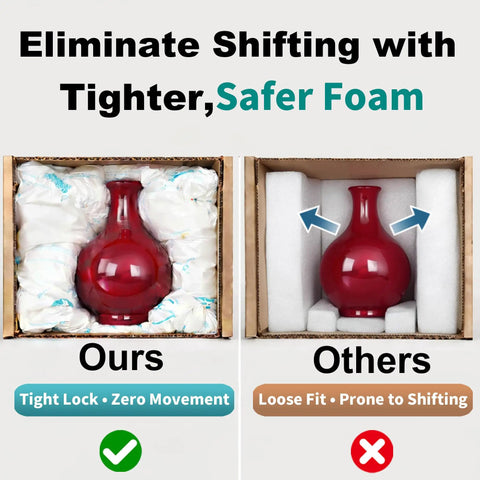 Comparison of 8 Pack Expanding Packing Foam Cushions 14x16 Inches for Shipping and Moving with vase secured vs. loose fit packing