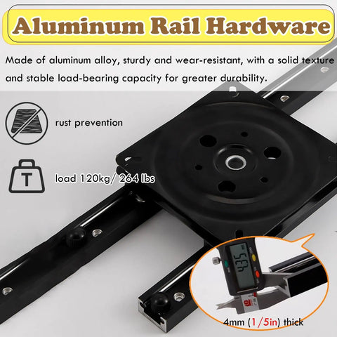 Smooth Operator 360 Degree Rotating Table Slide Track with Heavy Duty Aluminum turntable and rail hardware for durable use.