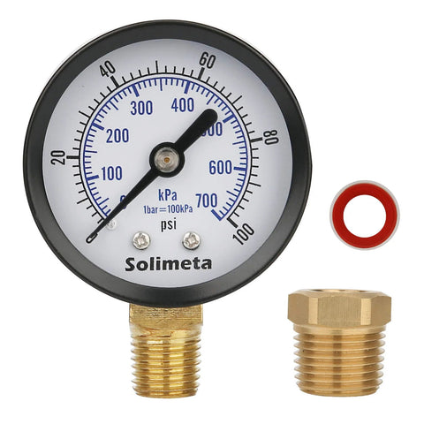 2 Inch Well Pump Pressure Gauge For Water Systems 0 To 100 Psi With Quarter Inch Lower Mount And Half Inch NPT Adapter Solimeta