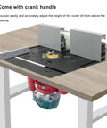 DIY Router Lift Kit With Table Lift System For Router Table Insert Base Plate, 48mm Lifting Capacity, clamp range 2.51 to 2.58 inches, aluminum and stainless steel build for woodworking slotting trimming machines, shown with crank handle