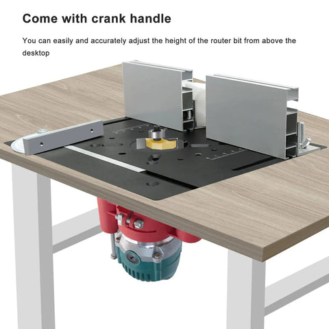 DIY Router Lift Kit With Table Lift System For Router Table Insert Base Plate, 48mm Lifting Capacity, clamp range 2.51 to 2.58 inches, aluminum and stainless steel build for woodworking slotting trimming machines, shown with crank handle
