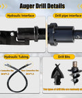 Close-up of 6 Inch Auger Drill For Mini Excavator With 2 Hydraulic Hoses, Heavy Duty Auger Bit, connections and drill bits shown.