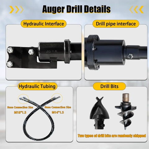 Close-up of 6 Inch Auger Drill For Mini Excavator With 2 Hydraulic Hoses, Heavy Duty Auger Bit, connections and drill bits shown.