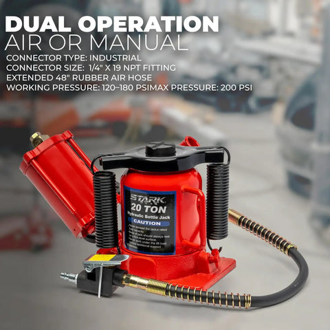 Beefy Twenty Ton Portable Hydraulic Bottle Jack With Air Operated Pneumatic Lift featuring dual operation and rubber air hose