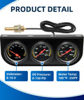 MH 2in 52mm triple gauge set with voltmeter (8-16V), oil pressure (0-150 PSI), water temp (100-250°F)