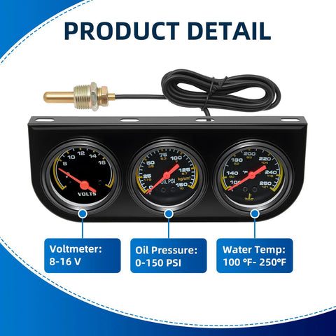 MH 2in 52mm triple gauge set with voltmeter (8-16V), oil pressure (0-150 PSI), water temp (100-250°F)