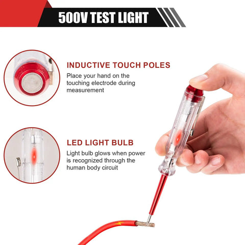 500V test light with inductive touch poles and LED bulb in use, demonstrating functionality for electrical testing.