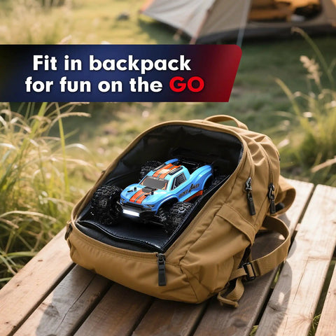 Hyper Go H16MT 1/16 4x4 Brushless RC Truck with Updated ESC inside a backpack on a wooden table outdoors