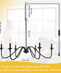 Prewired Plug In Chandelier 34.6 Inch Black Farmhouse, showing 6-arm design and dimensions for easy install in living room