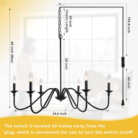 Prewired Plug In Chandelier 34.6 Inch Black Farmhouse, showing 6-arm design and dimensions for easy install in living room