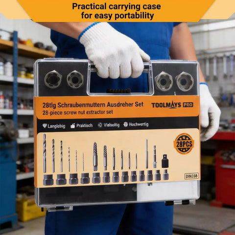Heavy Duty Twenty Eight Piece 3/8 Inch Socket Wrench Insert Set Forged From Tough As Nails Chromium Moly Steel Hardened To 52 Hrc in portable carrying case.