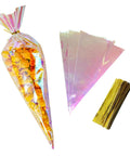 50 Pack Cone Shaped Clear Cellophane Treat Bags With Twist Ties Rainbow Color Party Favor Bags For Treats And Gifts Great For Birthdays Weddings And DIY Gift Wrapping. Image of cone-shaped cellophane bag with popcorn and gold twist ties.