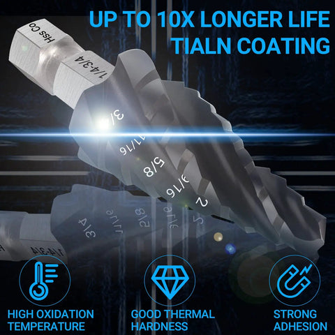 Four Spiral Flute Cobalt Step Drill Bit Set 1/8 To 7/8 Inch, Wear-Resistant TiAlN Coated 1/4 Inch Hex Shank Unibit, shown with TiAlN coating label