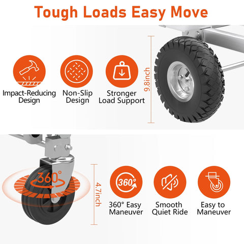 ZMRTDWO 800 LBS dolly cart with wheels; stainless steel heavy-duty convertible hand truck, side view of 9.8-inch wheel