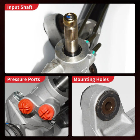Close-up of hydraulic power steering rack and pinion assembly input shaft, pressure ports, and mounting holes for Honda Accord 1998-2002 2.3L 3.0L and Acura CL 2001-2003 3.2L.