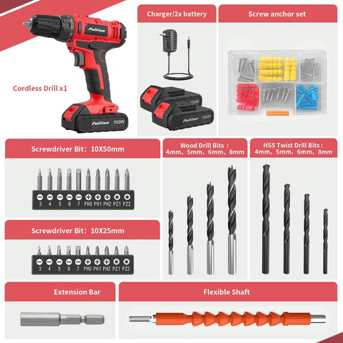 Go-To 20V Cordless Drill Driver Kit With Dual 1.5Ah Batteries, 30Nm Torque, 21 Plus 1 Clutch, complete accessory set