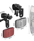 Six Piece Bike Front And Rear Reflectors Kit For Wheel Spokes Handlebar And Seatpost A No Brainer For Night Cycling High Visibility Water Resistant White And Red showing various components and dimensions.
