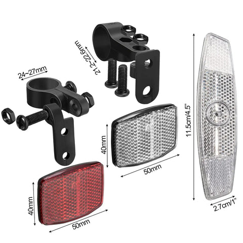 Six Piece Bike Front And Rear Reflectors Kit For Wheel Spokes Handlebar And Seatpost A No Brainer For Night Cycling High Visibility Water Resistant White And Red showing various components and dimensions.